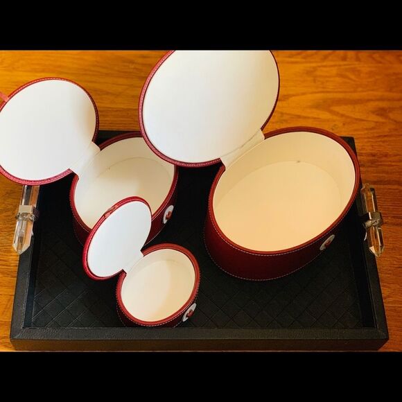 Swing Set of 3 Red Leather Oval Boxes - Picture 2 of 6